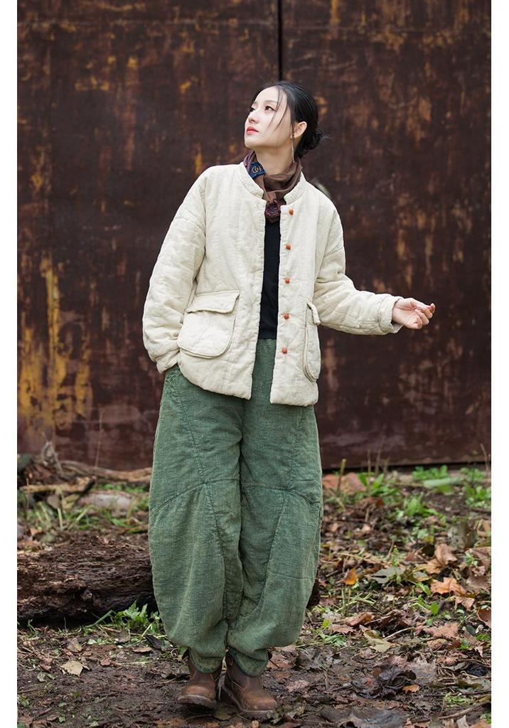2025 Winter Women's Quilted Ramie Jacket with Frog Button and Stand Collar