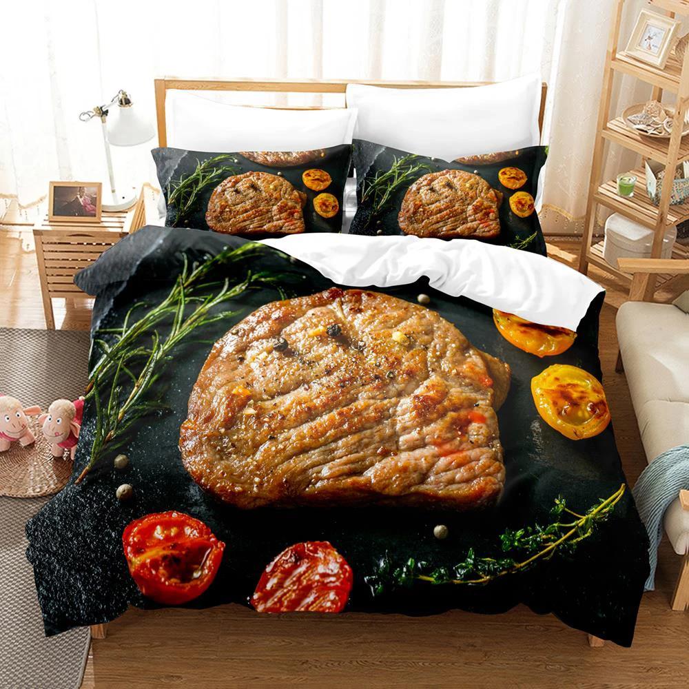 2024 Beefsteak Einzel Doppel Voll Queen King Size Bettwäscheset Jungen Schlafzimmer Bettdeckenbezug 3D-Druck Gourmet-Steak