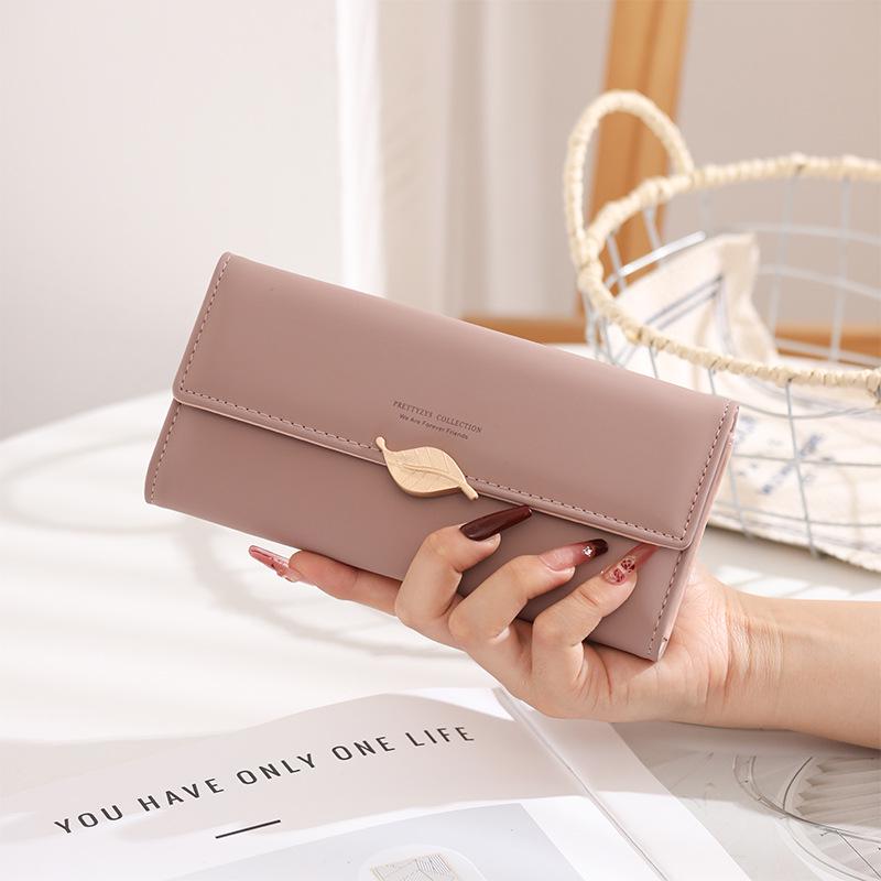 Women's Large Capacity PU Leather Long Wallet, Solid Color with Leaf Buckle – Japanese/Korean Style Clutch
