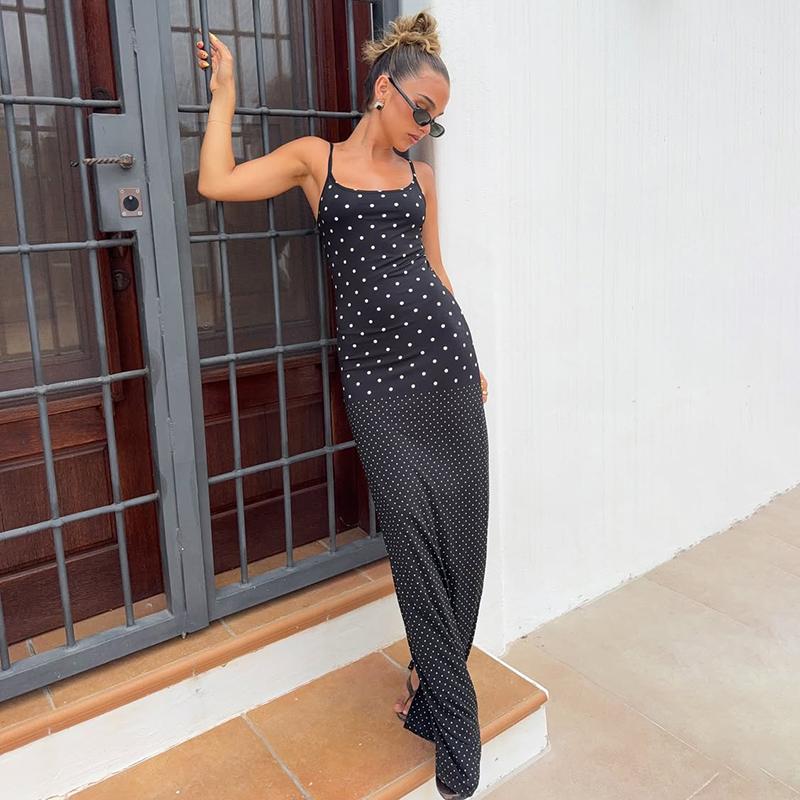 2026 Summer Polka Dot Long Dress Women Sexy Contrast Sleeveless Backless Slim High-Waist Female Bodycon Maxi Dress For Holiday
