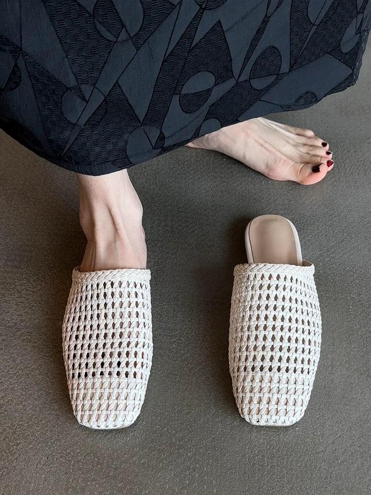 

Soft sheepskin~ Hand-woven hollow bag head half slippers women s summer wear flat-bottomed versatile lazy Muller cool slippers 35