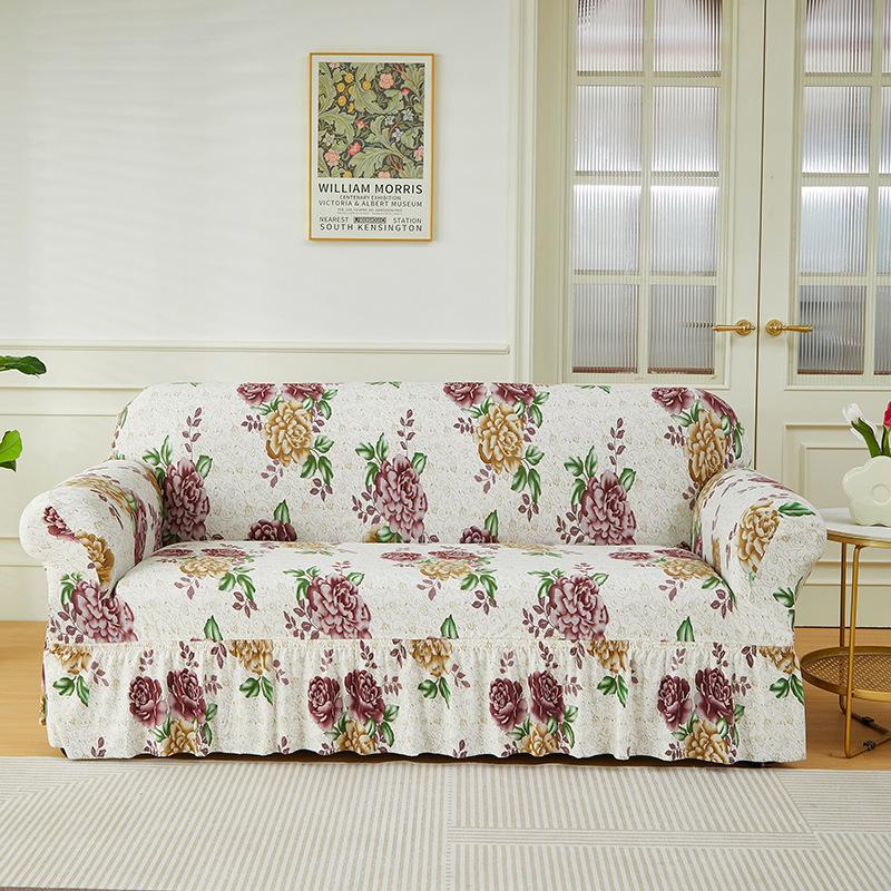 Floral Printed Elastic Sofa Cover With Skirt Hem Non-Slip Seat Cushion With Elastic Band All-Cover Couch Covers For All Seasons