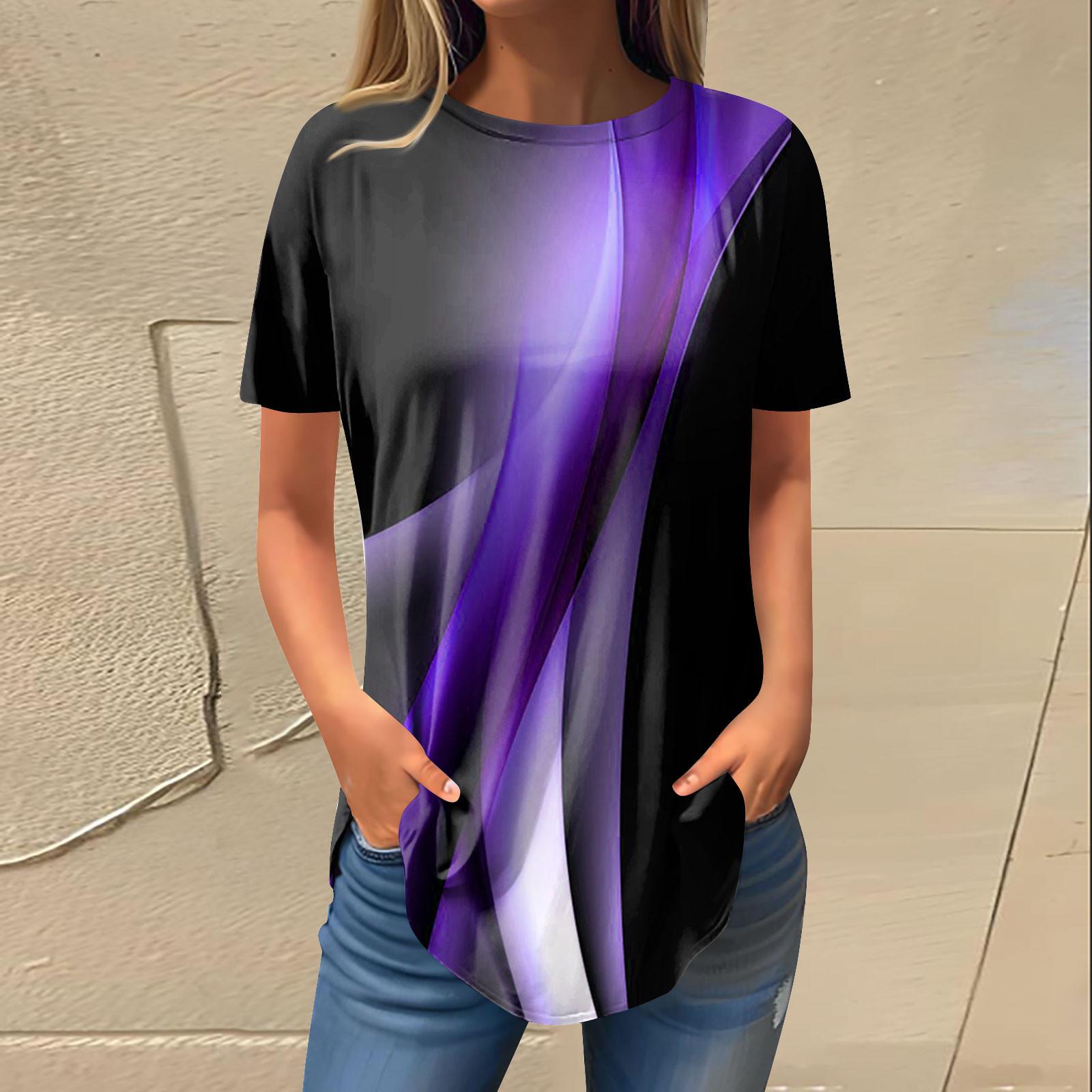 

Женская мода, повседневная футболка с круглым вырезом и принтом, пуловер с короткими рукавами, топ M фиолетовый