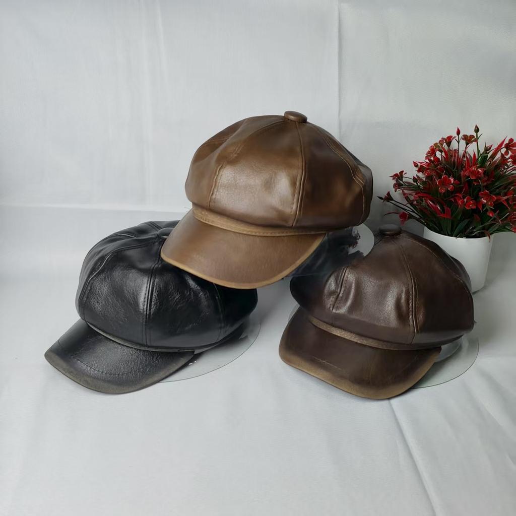 New pu leather hat pumpkin hat female autumn and winter Internet celebrity octagonal British retro painter beret literature and art