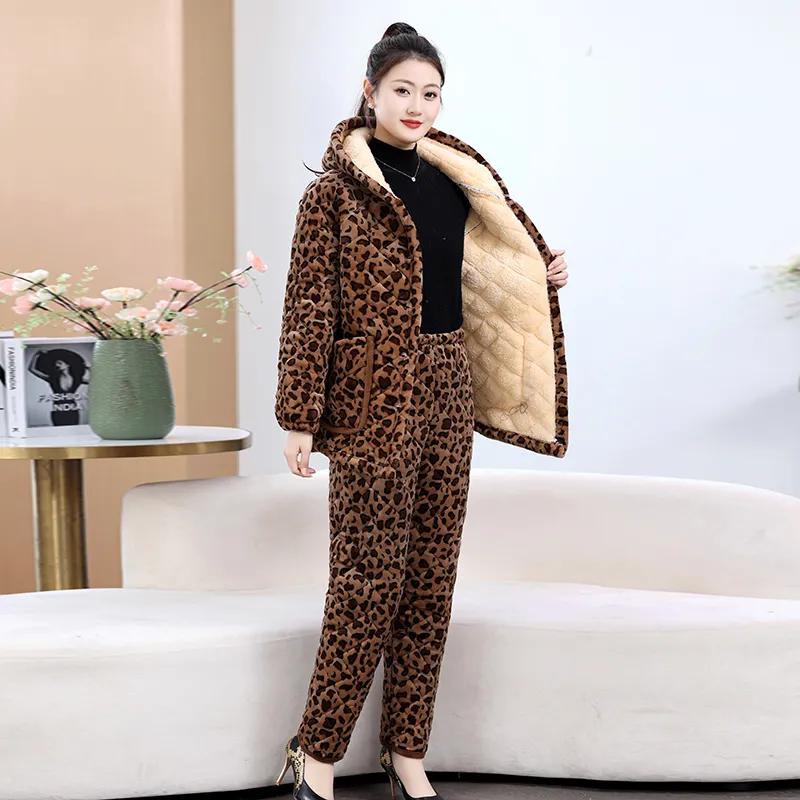 Padded Jacket, Coat, Fashion Home Jacket, Women's Coat, Plus Velvet Thickened Overalls, Leopard-print Padded Coat, Cotton Trousers Suit