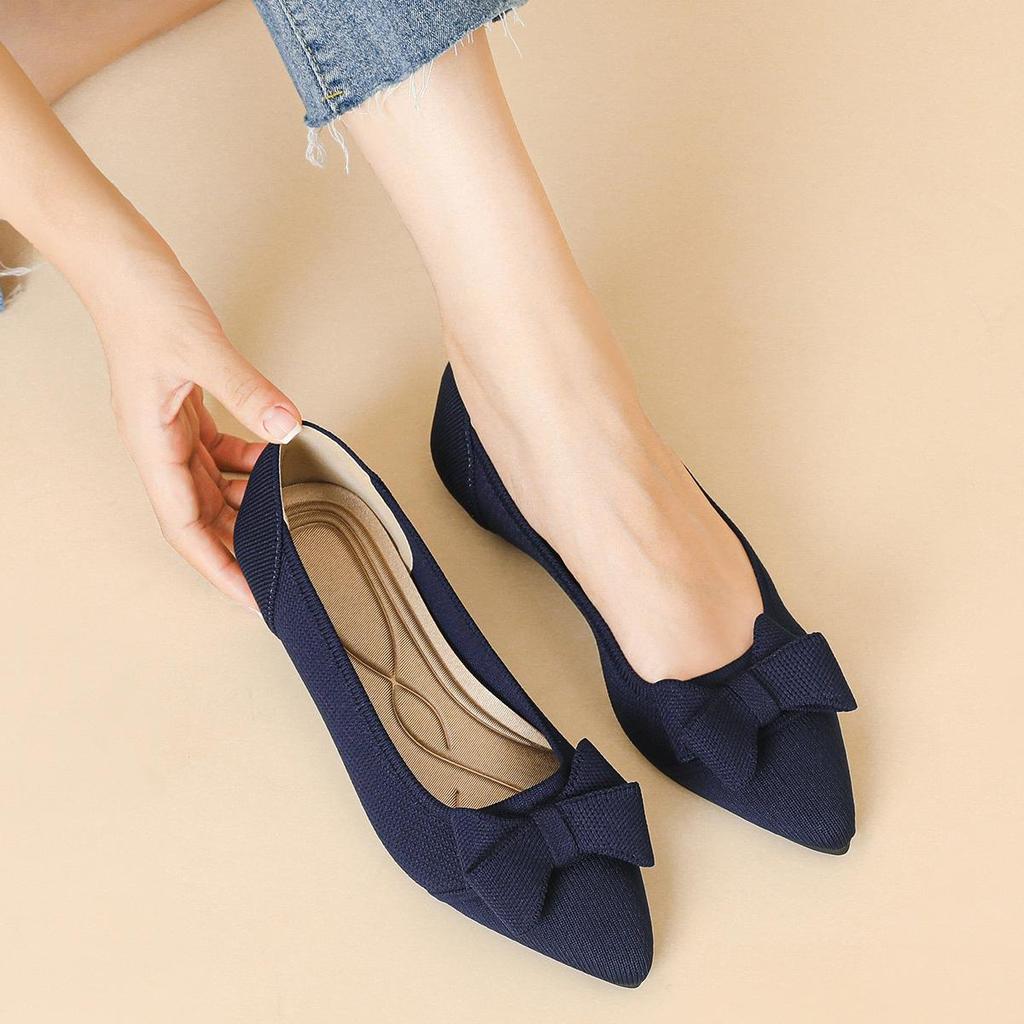 Punta Appuntita Bocca Bassa Tessuto Fondo Piatto Donna Fiocco Lavorato a Maglia Fondo Morbido Scarpe Grandi Taglia 34-43
