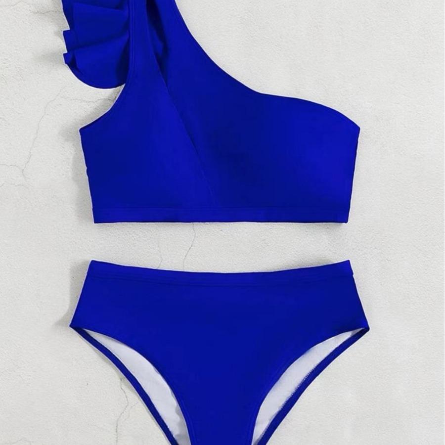 2025 Solid Color Sexy Two-piece High-waisted Single-shoulder Fringed Women's Bikini, Multi-color Available Swimwear
