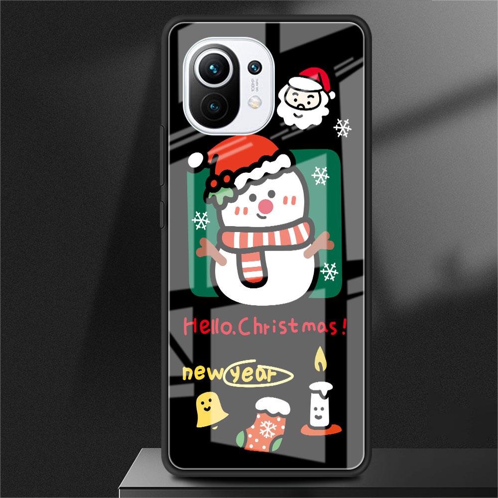 Glass Case For Xiaomi Poco X3 NFC 11 Lite 11T F3 M3 For Redmi Note 11 10 9 8 Pro 10S 9S 9A 9C Phone Cover Snowman Christmas Cute