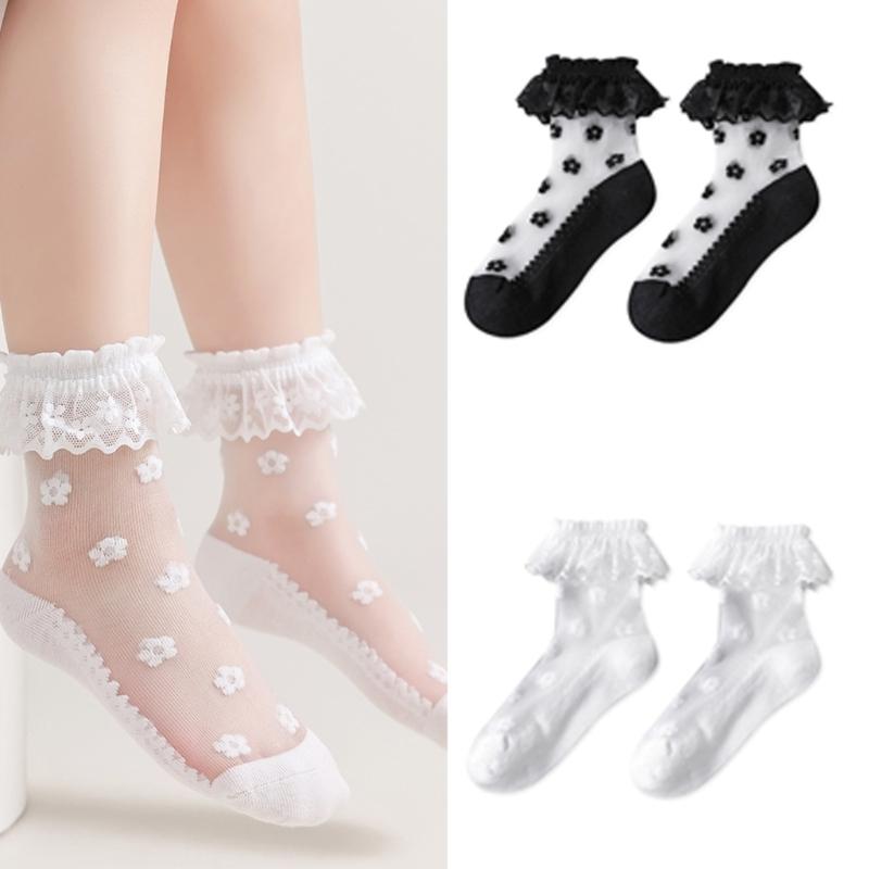 Breathable Lace Trim Kids Socks Stretchy Fit Baby Girls Ankle Socks for Newborns To Infants 4 Color Avaliable