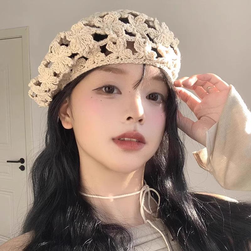 Dámský letní klobouk baret v japonském stylu, vintage, s dutým vzorem, tenký, ručně háčkovaný, Y2K, horká dívka, umělecký klobouk