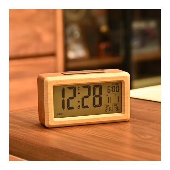 Alarm Clock Radio Clock Digital Battery Operated Sapele Wooden Table Clock Digital Stylish Snooze Thermohygrometer Quiet Backlight (Brown)
