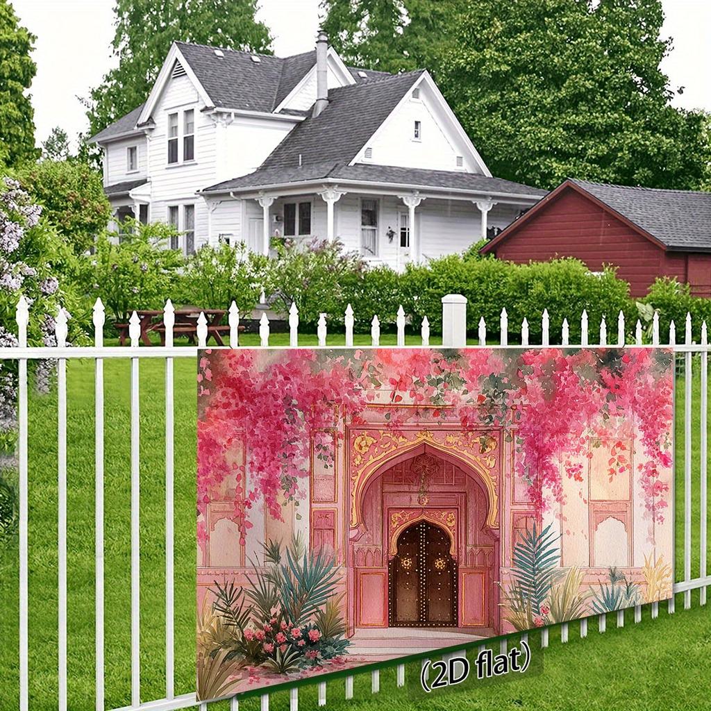 2D Plane, Floral Garden Entrance Theme Background Cloth, Pink Bougainville Waterfall with Ornate Arch, Polyester
