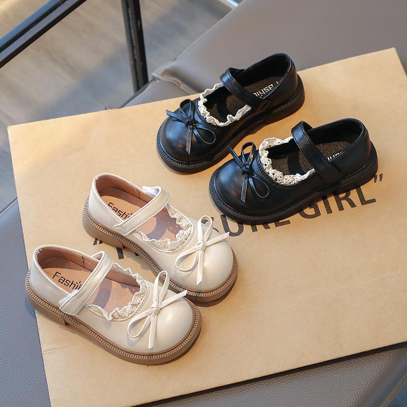 Girls Flat Shoes Round Toes Soft Sole Kids Princess Shoes Lace Simple Bow 2025 Spring Autumn Girls Leather Shoes Non-slip Ins