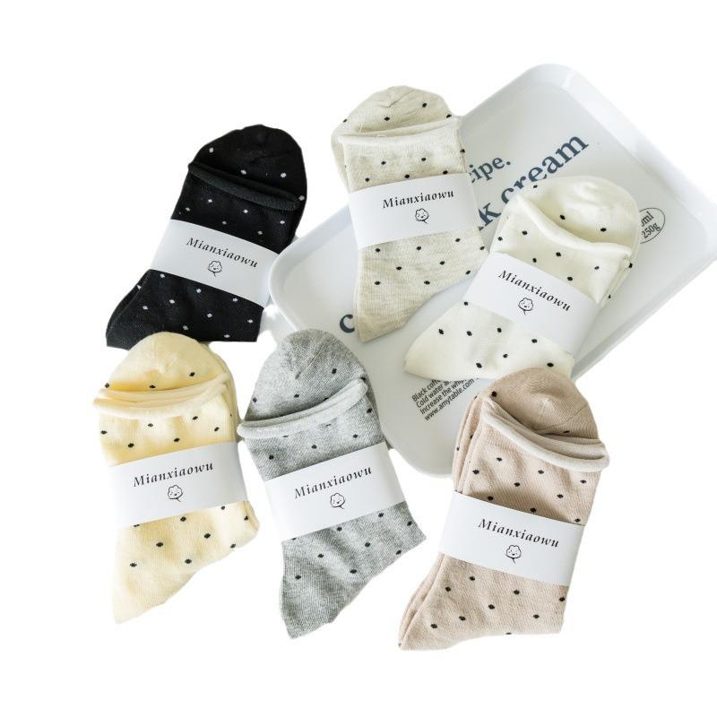 5 Pairs of Female Summer Thin Student Curled Brim Polka Dot Mid Tube Pile Socks