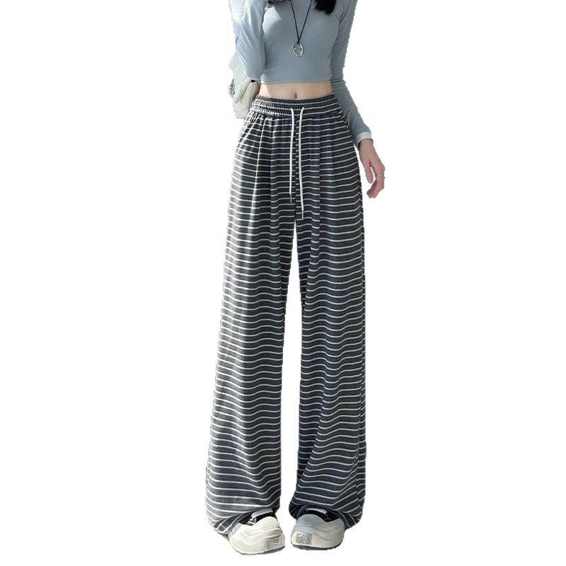 2025 Women's Black Stripe High Waist Wide Leg Pants - Spring/Autumn, Slimming & Casual
