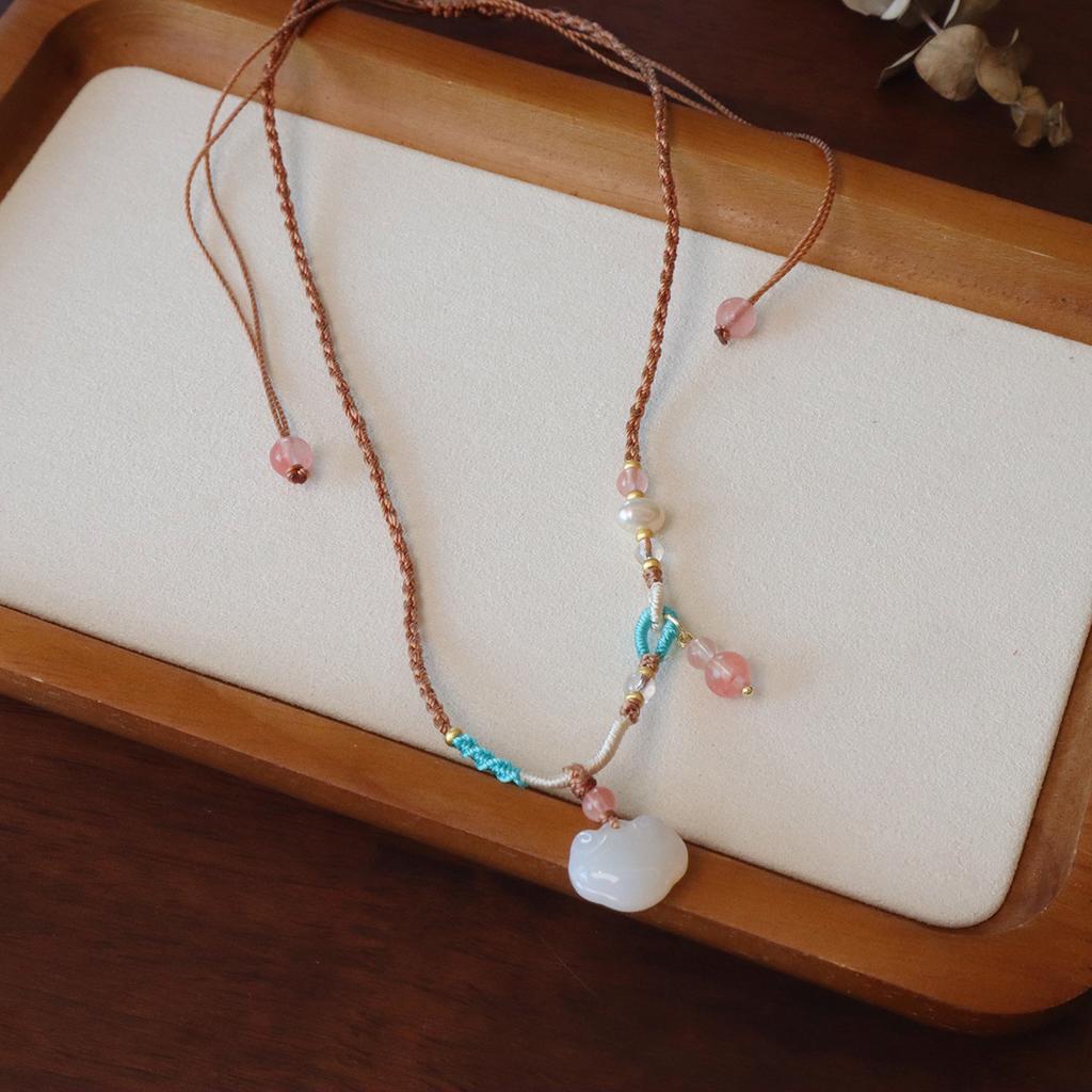 Natural Chalcedony Strawberry Crystal Braided Rope Necklace Bangles Women Fashion Jewelry Accessories Gift