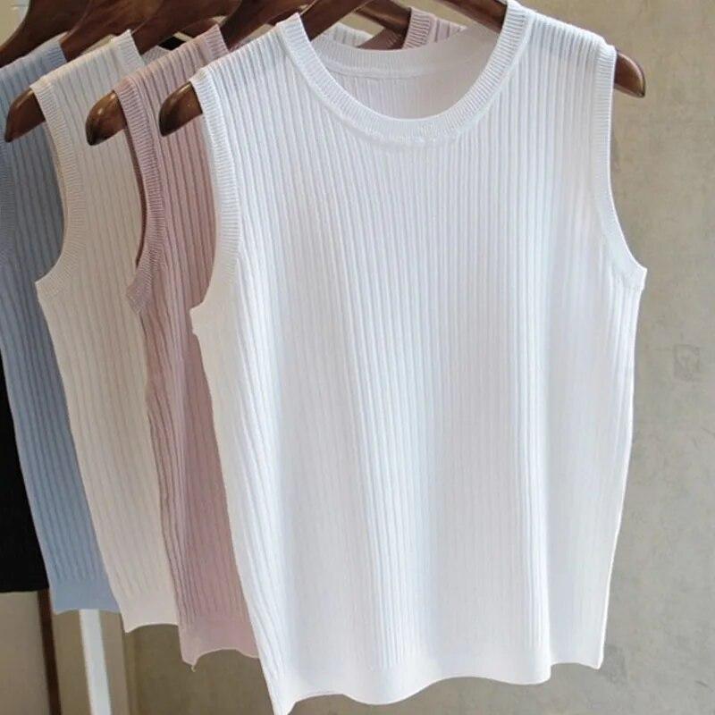 

1Pc Women s Sleeveless Knit Vest Top Summer Casual Short Length Solid Color Medium Stretch One Size Polyester Cotton Blend One Size белый