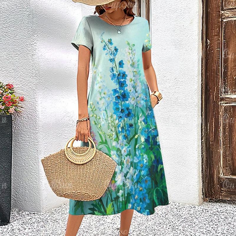 Women's Dresses Elegant Floral Printed Summer Vacation Midi Dresses Feamle Short Sleeve Dress Fashion Oversized Clothes