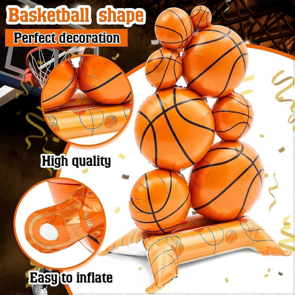 2 Pack Giant Self Standing Basketball Foil Balloons 3.5 Ft with Field Base for Birthday Themed Party Decoration Sports Supplies Decor (Basketball Pile