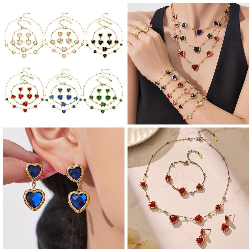 Vintage Heart Glass Necklace Stainless Steel Earrings Hand Chain Heart-shaped Jewelry Set  Gift