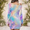 Women Plus Size One Shoulder Long Sleeve Gem Printed Purple Black Gray Bodycon Mini Dress