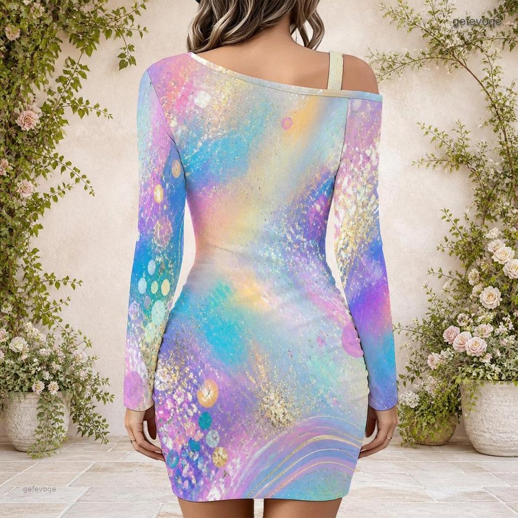 Women Plus Size One Shoulder Long Sleeve Gem Printed Purple Black Gray Bodycon Mini Dress