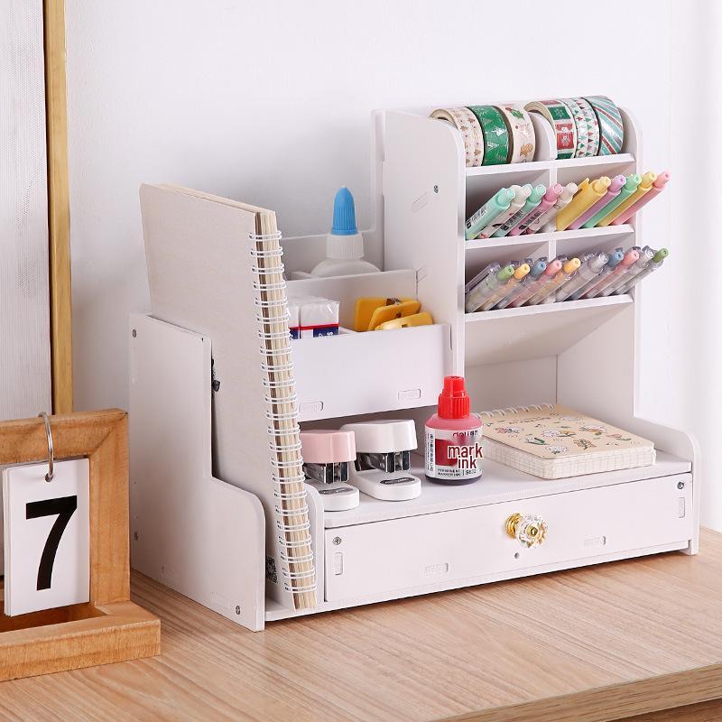 Large Capacity Wooden Desktop Organizer with Angled Pen Holder and Drawer