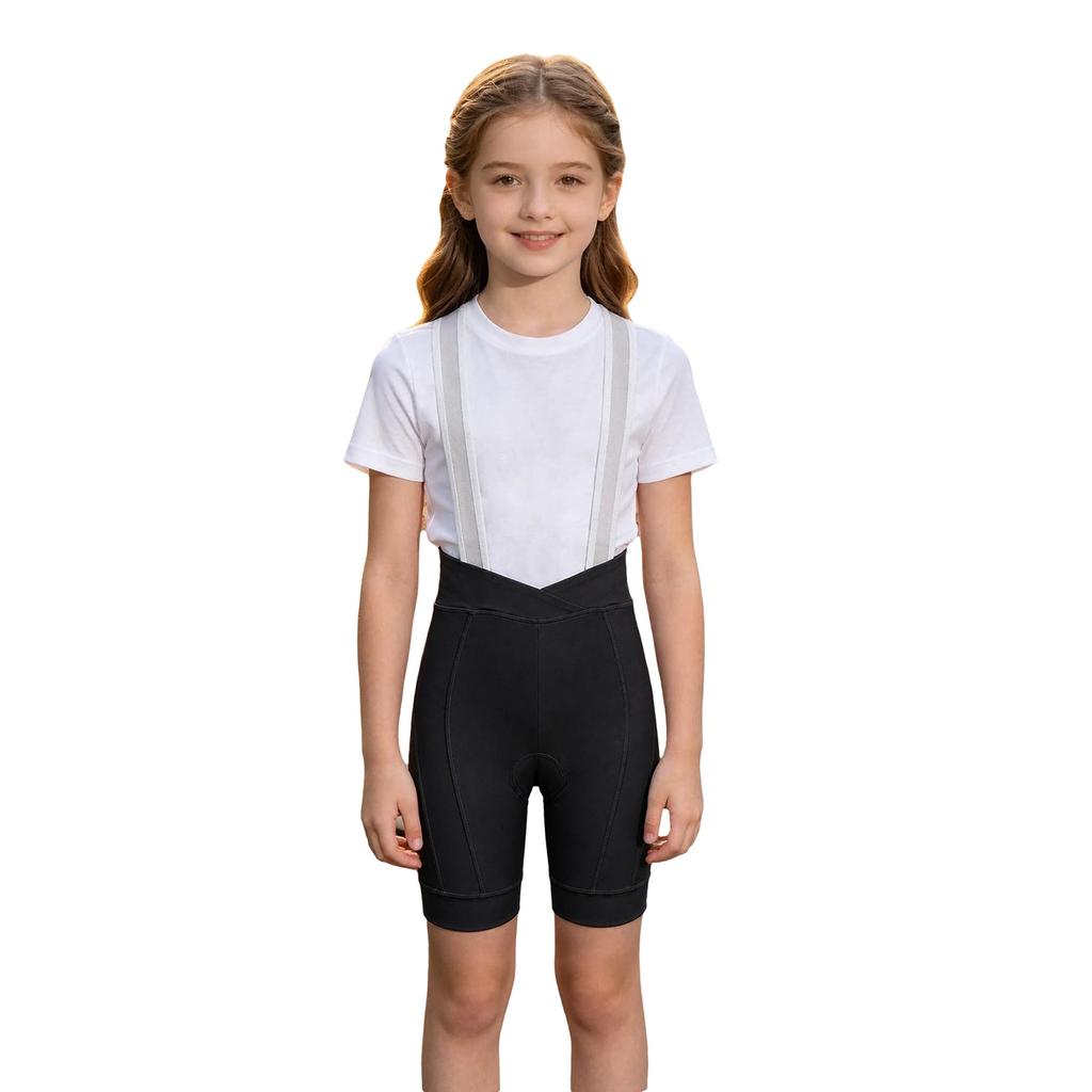 Kids Girls Cycling Bib Shorts High Waist V-Front 3D Padded Bike Shorts with Mesh Straps for Outdoor Sports Training
