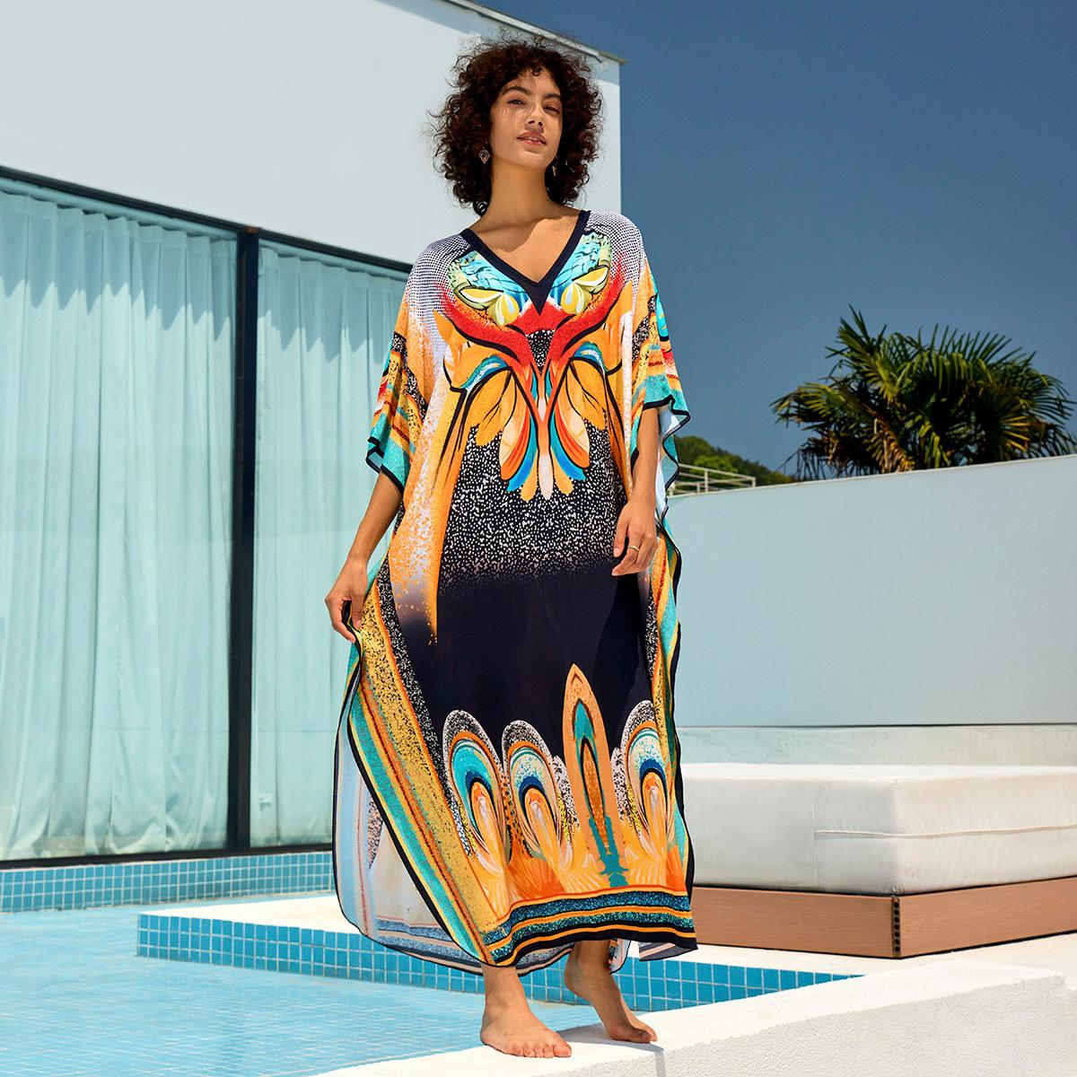 

Пляжні кафтани з принтом Максі-сукні Літні жіночі святкові накидки для купальників Купальні костюми Фабричне постачання One Size