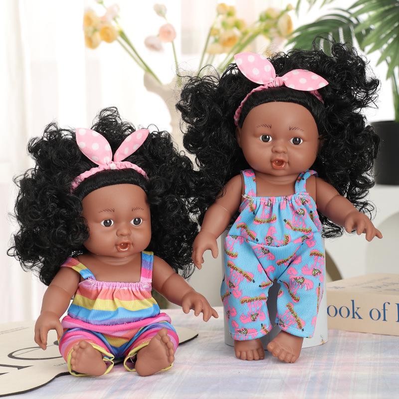 12 Inch African Black Doll Simulation Baby Vinyl Figure Cute Dark Skin Curly Hair Reborn Doll Movable Joints Kids Play House Toy