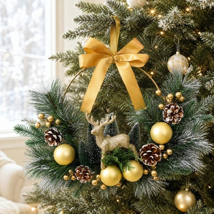 Plastic Holiday Wreath with Open-Center Shape and Top Bowknot Loop for a Vertical Christmas Presentation at Gatherings