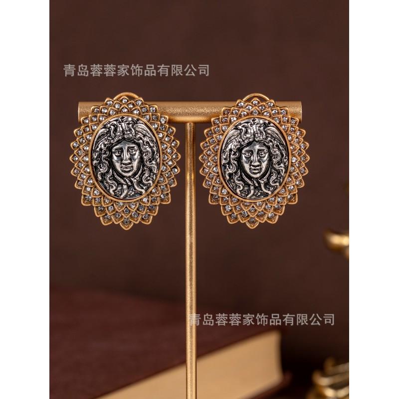 Retro Portrait Relief Earrings With Geometric Inlay Zircon Heavy Industry Temperament Antique Jewelry