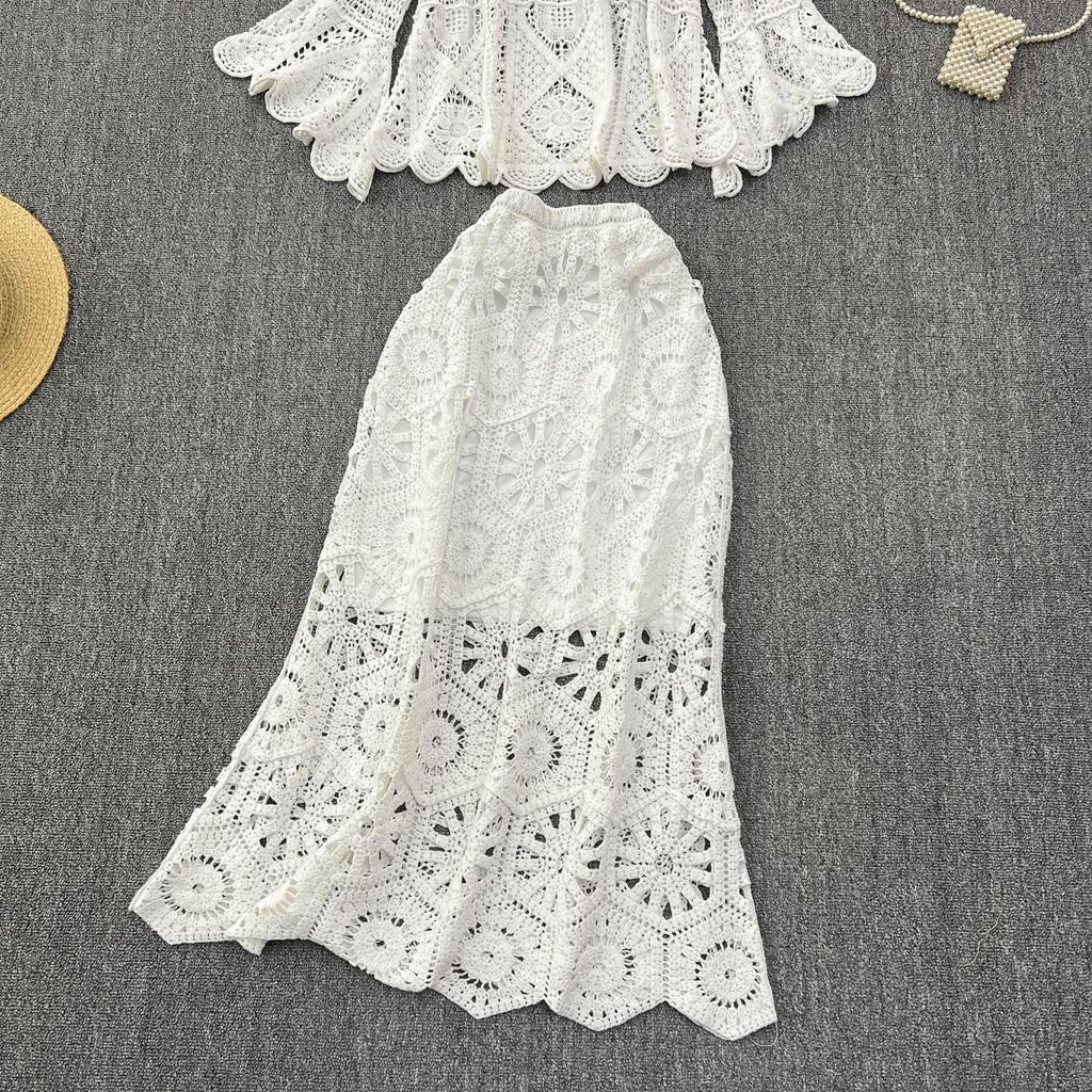 DIMANAF Neue 2025 Rock Anzug Frauen Stricken Strand Kurzarm Spitze Aushöhlen Sexy Oansatz Hohl Sommer Stil Tops Tees lose Grundlegende