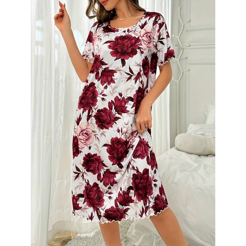 Velká velikost, Kulatý výstřih, Krátký rukáv, Modrý květ meruňky, Domácí oblečení, Noční košile, Šaty, Ležérní, Dámské oblečení s potiskem