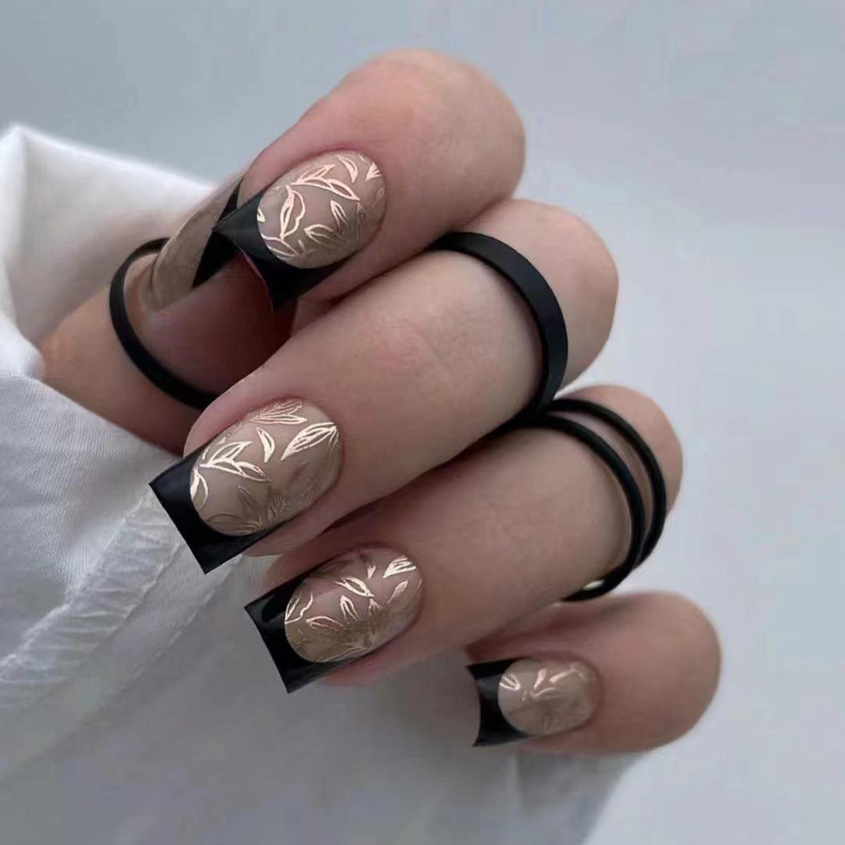 

Luxury French Black-Edged Gold Leaf Square False Nails - 24 Pieces