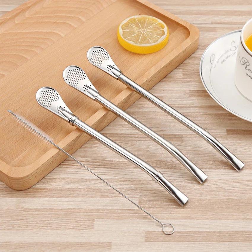 Stainless Steel Drinking Straw Spoon Tea Filter Yerba Mate Tea Straws Reusable Filtered Spoon Tea Tools Drinking Accessories