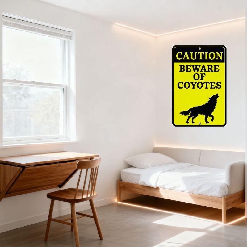 Caution Beware of Coyotes Metal Tin Sign, Rectangular Black Border High-Visibility Warning Sign with Coyote Silhouette, for Home