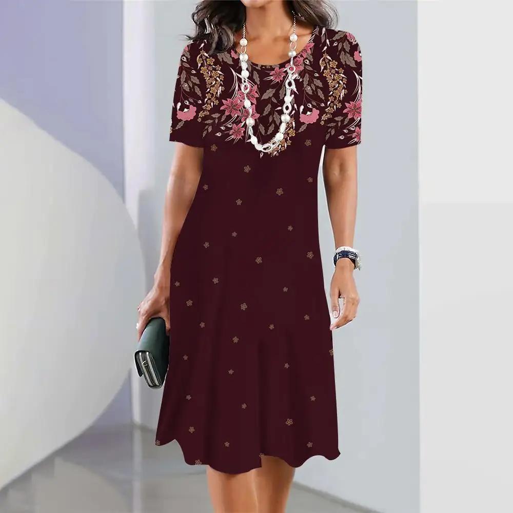 Women's Retro 3D Short-sleeved Pullover Summer Round Neck Dress Simple and Elegant Loose Skirt