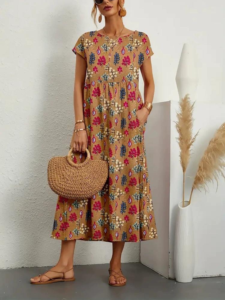 New Fashion Women's Loose Cotton and Linen Sleeveless Crew Neck Print Summer Dress