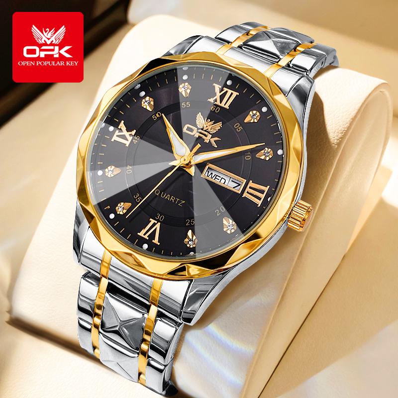 OPK Brand Men's Steel Strap Quartz Watch Dual Calendar Waterproof Night Light 6023