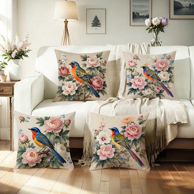 Floral Bird Print Doublesided Printed Pillow Cover Short Plush Suitable Living Rooms Bedrooms Sofas Throw Cushion Cover