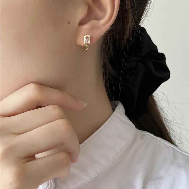 PONYKISS S Sterling Silver Needle Zircon Square Huggies Earrings for Women Classic Fashion Minimalist Accessories