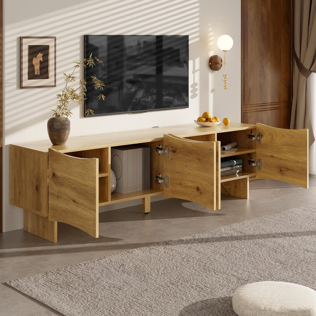 Modern TV cabinet with wave pattern – 155 cm media console with storage space, four doors and cable grommets in wood look, for the living room