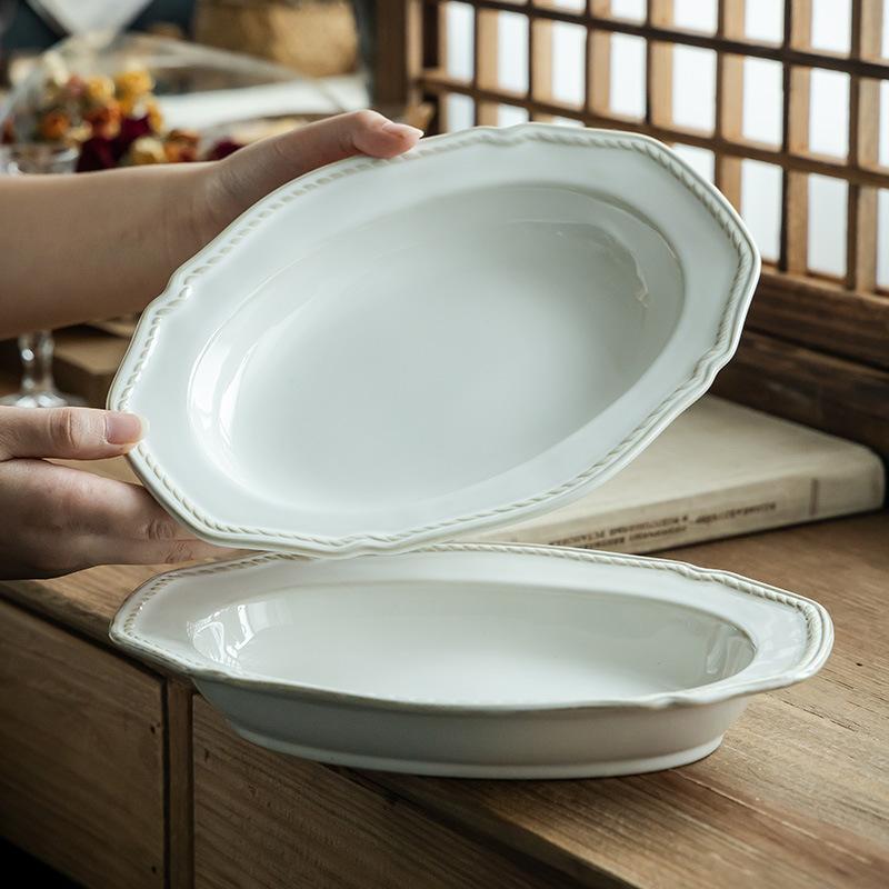 French Retro Relief Ceramic High-End Western Food Plate Household Vegetable Plate Steamed Fish Plate Fruit Salad Plate