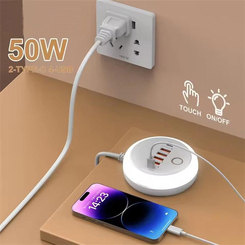 PD 50W Multi Port Charger Type C Fast Charging EU US Plug Wall Charger 6 Port USB Quick Phone Charger With Touch LED/ Fill Light