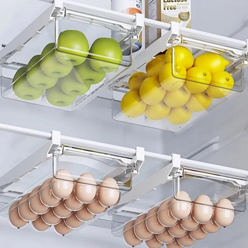 Kitchen Storage Box Fruit Vegetable Preservation Organizer Transparent Egg Container Under-shelf Refrigerator Drawer Silver Tray