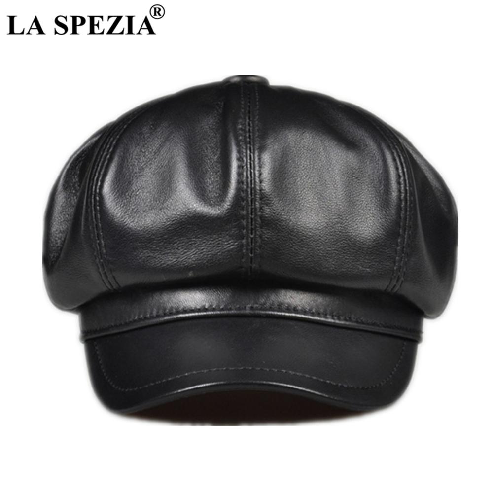 LA SPEZIA Genuine Leather Men Women Newsboy Cap Sheepskin Mens Beret Vintage High Quality Male Female Black Octagonal Cap