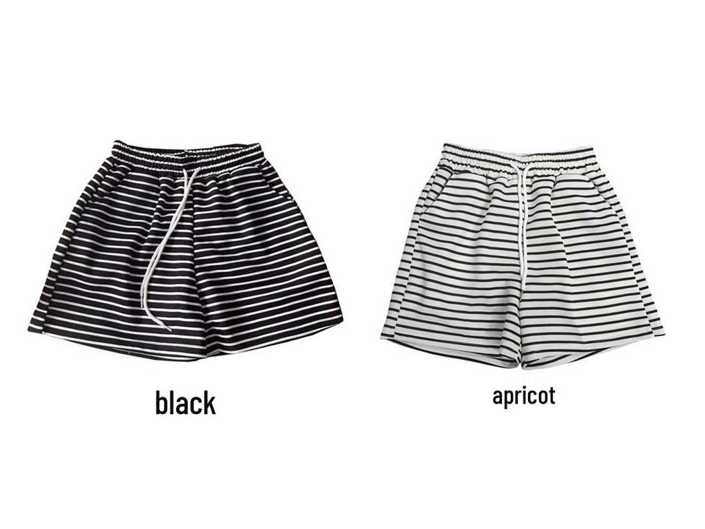 Korean Style High Waist Striped Women's Summer Sports Shorts - Casual Loose Wide Leg Mid-Length Hot Pants