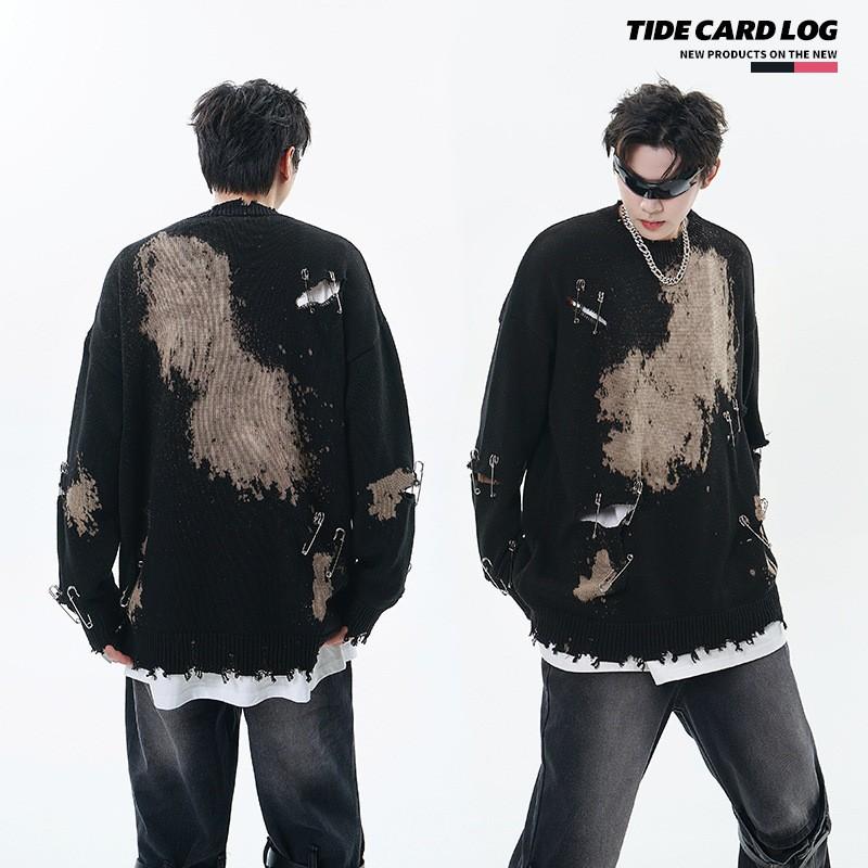 Oversized Crewneck Sweater With Distressed Pinhole Detail Winter Streetwear Knitwear Teens