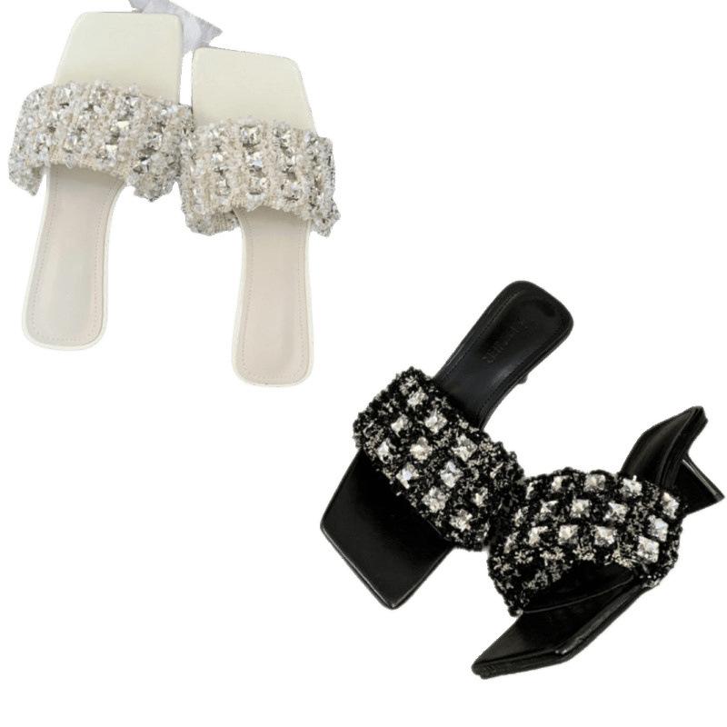 Fashion High-Heeled Shoes Lady Ladies' Slippers Low Luxury Slides Square Toe Slipers Women Jelly Flip Flops Designer 2025 Glitter Thin